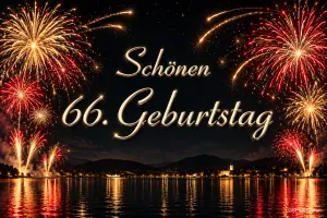 Goldenes und rotes Feuerwerk spiegelt sich im Wasser unter dem Schriftzug "Schönen 66. Geburtstag".