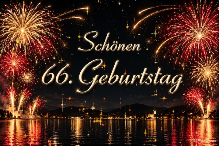 Goldenes und rotes Feuerwerk spiegelt sich im Wasser unter dem Schriftzug "Schönen 66. Geburtstag".