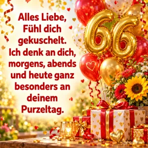 Goldene 66-Ballons, Geschenke und ein bunter Blumenstrauß stehen neben "Alles Liebe, fühl dich gekuschelt.".