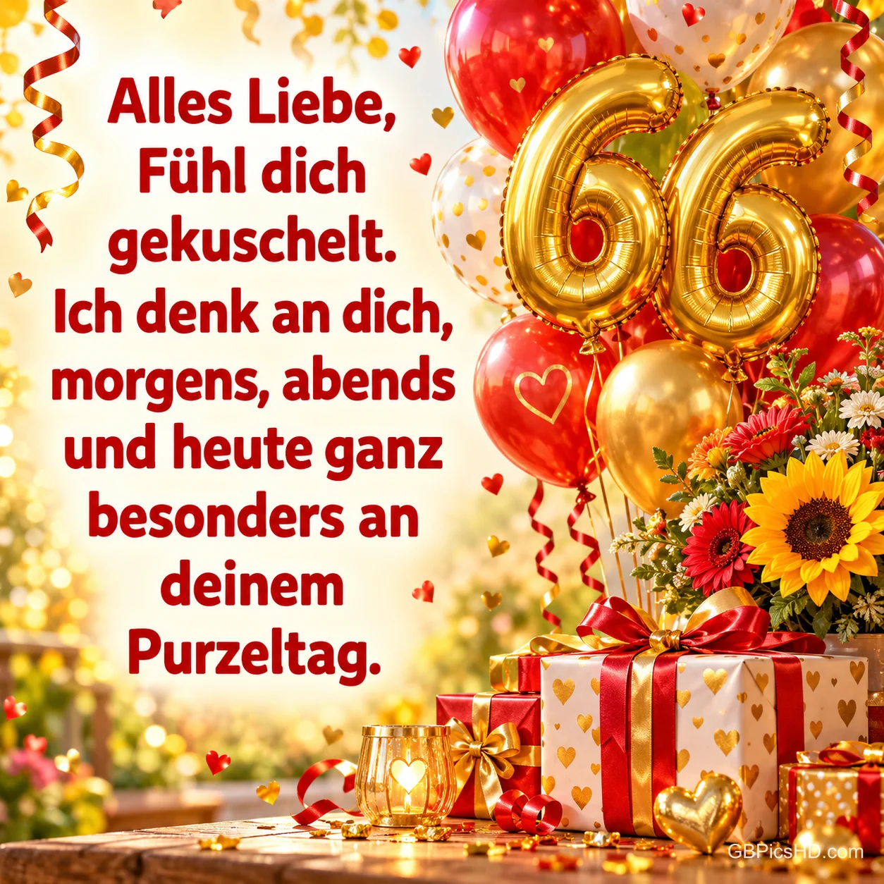 Goldene 66-Ballons, Geschenke und ein bunter Blumenstrauß stehen neben "Alles Liebe, fühl dich gekuschelt.". Goldene 66-Ballons, Geschenke und ein bunter Blumenstrauß stehen neben "Alles Liebe, fühl dich gekuschelt.".