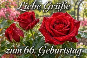 Drei rote Rosen mit Wassertropfen blühen im Garten zwischen den Worten "Liebe Grüße zum 66. Geburtstag".