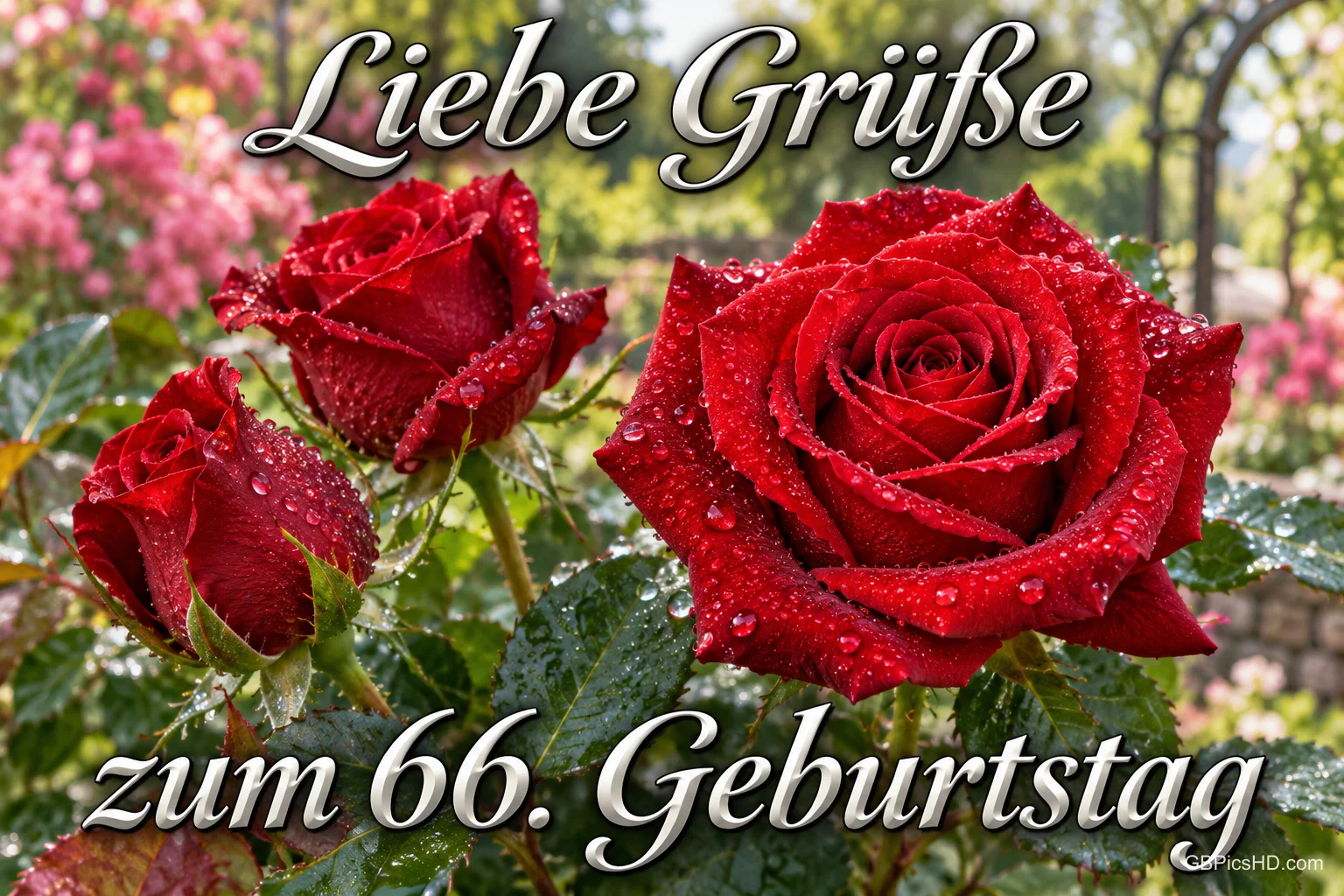 Drei rote Rosen mit Wassertropfen blühen im Garten zwischen den Worten "Liebe Grüße zum 66. Geburtstag".