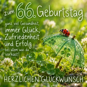 Ein Marienkäfer sitzt auf einem grünen Schirm zwischen Kleeblättern unter "zum 66. Geburtstag".