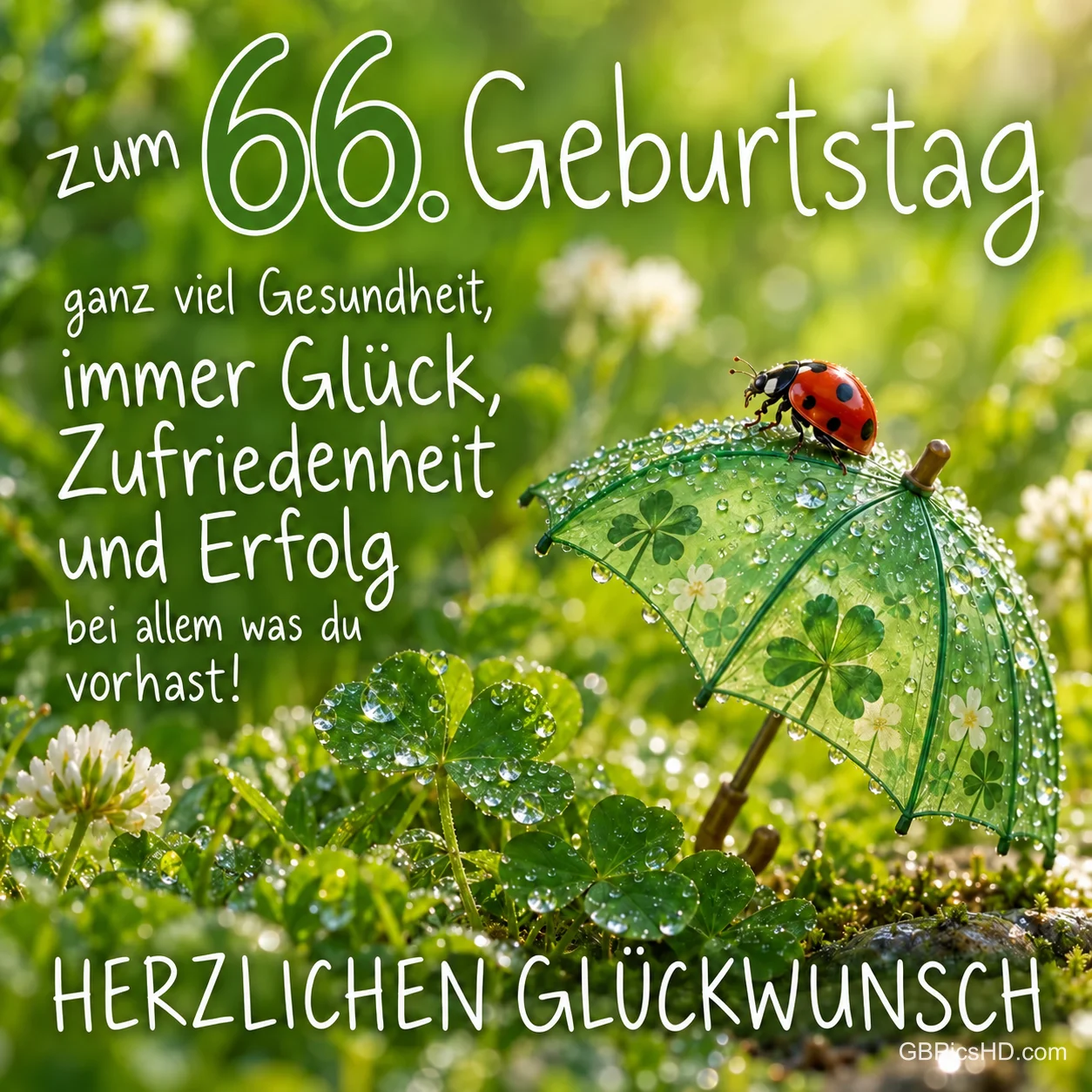 Ein Marienkäfer sitzt auf einem grünen Schirm zwischen Kleeblättern unter "zum 66. Geburtstag".