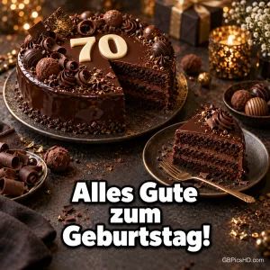 Eine angeschnittene Schokoladentorte mit der Zahl 70, Pralinen, Schokoladenröllchen und Kerzenlicht auf dunklem Tisch, darunter weiße Schrift "Alles Gute zum Geburtstag!"