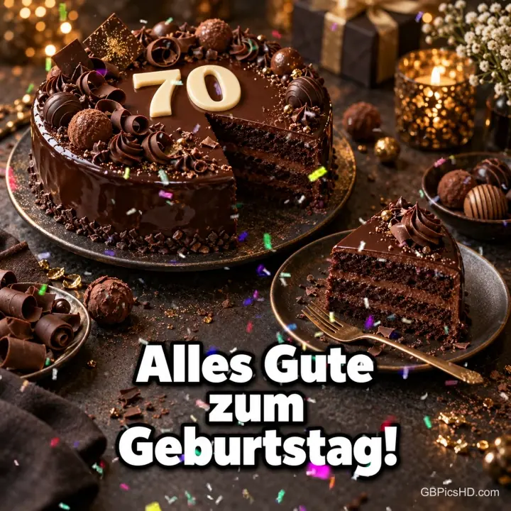 Eine angeschnittene Schokoladentorte mit der Zahl 70, Pralinen, Schokoladenröllchen und Kerzenlicht auf dunklem Tisch, darunter weiße Schrift "Alles Gute zum Geburtstag!" Eine angeschnittene Schokoladentorte mit der Zahl 70, Pralinen, Schokoladenröllchen und Kerzenlicht auf dunklem Tisch, darunter weiße Schrift "Alles Gute zum Geburtstag!"