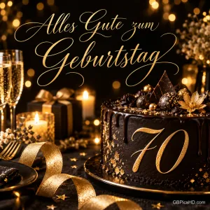 Eine schwarze Torte mit goldener Zahl 70 und goldenen Verzierungen zwischen Sektgläsern, Kerzen, Geschenken und goldenen Bändern, oben ein eleganter Geburtstagsgruß