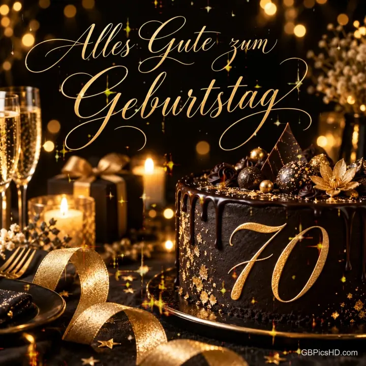 Eine schwarze Torte mit goldener Zahl 70 und goldenen Verzierungen zwischen Sektgläsern, Kerzen, Geschenken und goldenen Bändern, oben ein eleganter Geburtstagsgruß Eine schwarze Torte mit goldener Zahl 70 und goldenen Verzierungen zwischen Sektgläsern, Kerzen, Geschenken und goldenen Bändern, oben ein eleganter Geburtstagsgruß