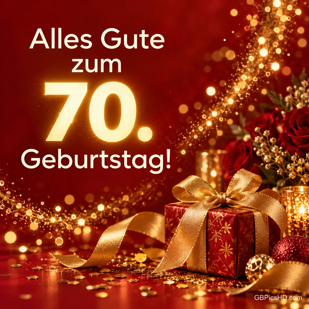 Roter, festlicher Hintergrund mit goldenem Glitzer, Rosen und einem Geschenk mit goldener Schleife, dazu der Glückwunsch "Alles Gute zum 70. Geburtstag!" Roter, festlicher Hintergrund mit goldenem Glitzer, Rosen und einem Geschenk mit goldener Schleife, dazu der Glückwunsch "Alles Gute zum 70. Geburtstag!"