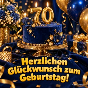 Eine dunkelblaue Samttorte mit goldenen Kerzen in Form der Zahl 70, umgeben von Luftballons, Blumen und Geschenken, unten goldene Glückwunschschrift