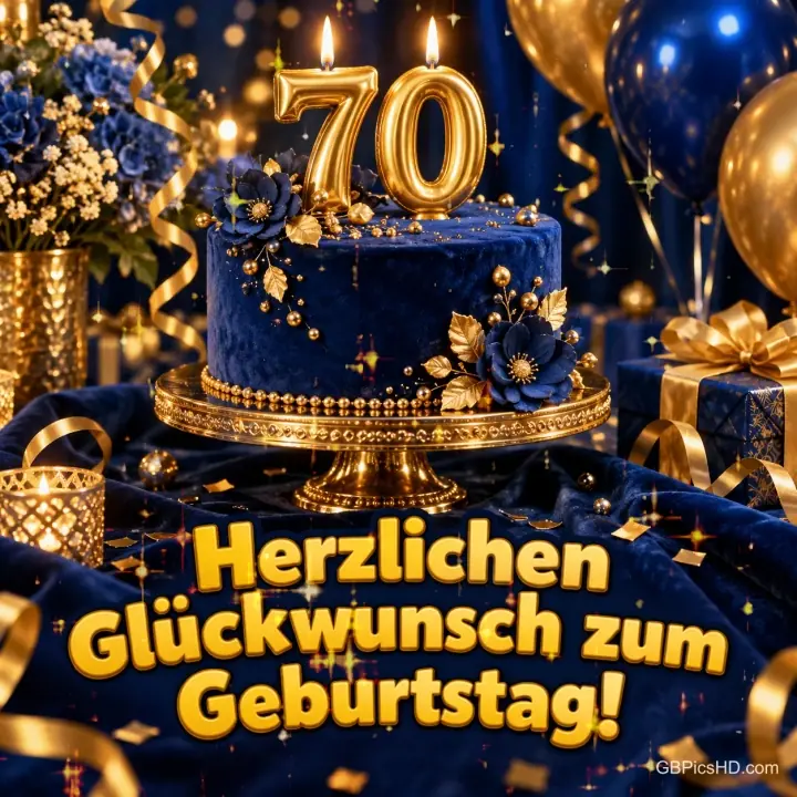 Eine dunkelblaue Samttorte mit goldenen Kerzen in Form der Zahl 70, umgeben von Luftballons, Blumen und Geschenken, unten goldene Glückwunschschrift Eine dunkelblaue Samttorte mit goldenen Kerzen in Form der Zahl 70, umgeben von Luftballons, Blumen und Geschenken, unten goldene Glückwunschschrift