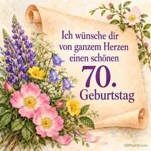 Alte Papierrolle mit lila Schrift "Ich wünsche dir von ganzem Herzen einen schönen 70. Geburtstag", daneben ein Strauß aus Lupinen, Glockenblumen und rosa Wildrosen