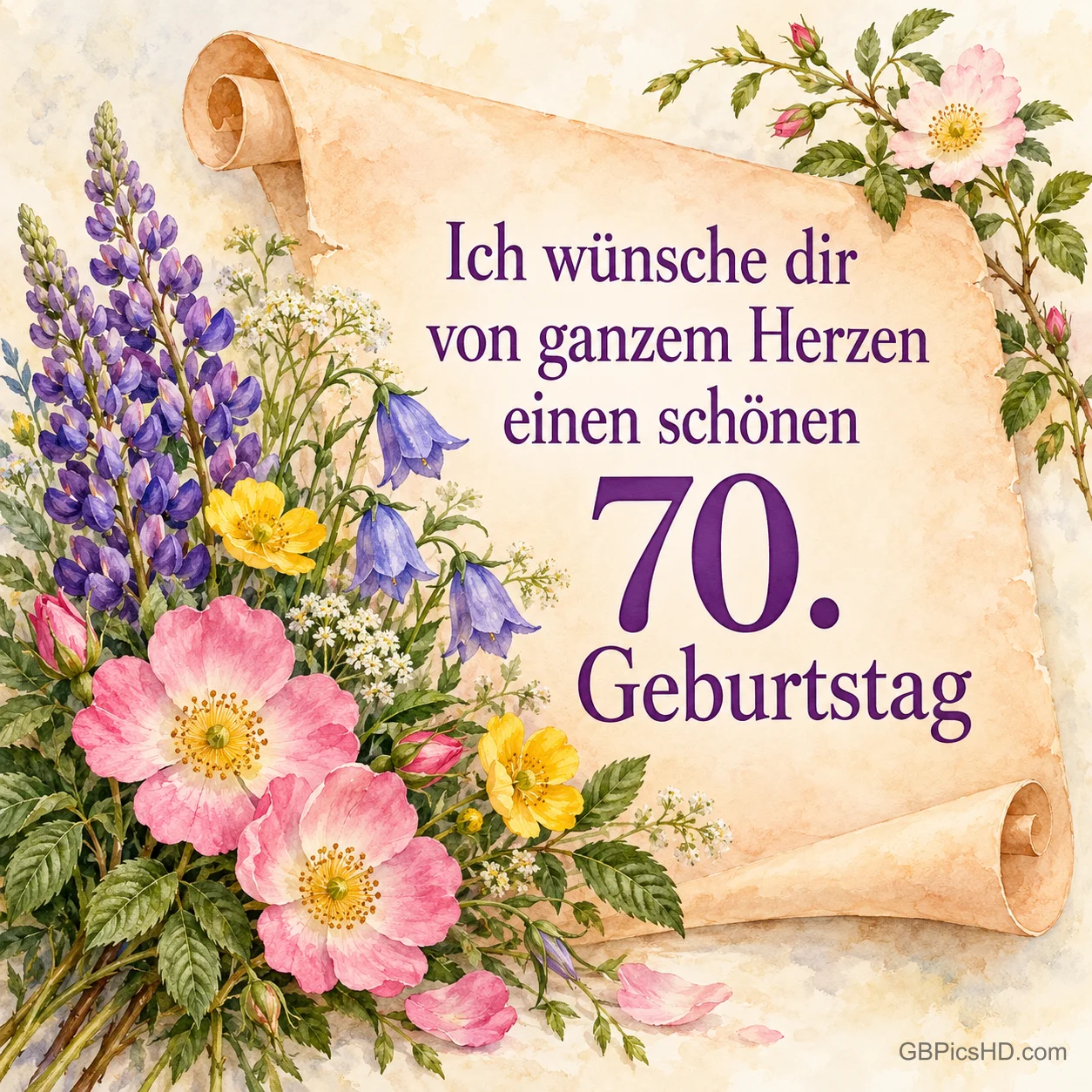 Alte Papierrolle mit lila Schrift "Ich wünsche dir von ganzem Herzen einen schönen 70. Geburtstag", daneben ein Strauß aus Lupinen, Glockenblumen und rosa Wildrosen Alte Papierrolle mit lila Schrift "Ich wünsche dir von ganzem Herzen einen schönen 70. Geburtstag", daneben ein Strauß aus Lupinen, Glockenblumen und rosa Wildrosen