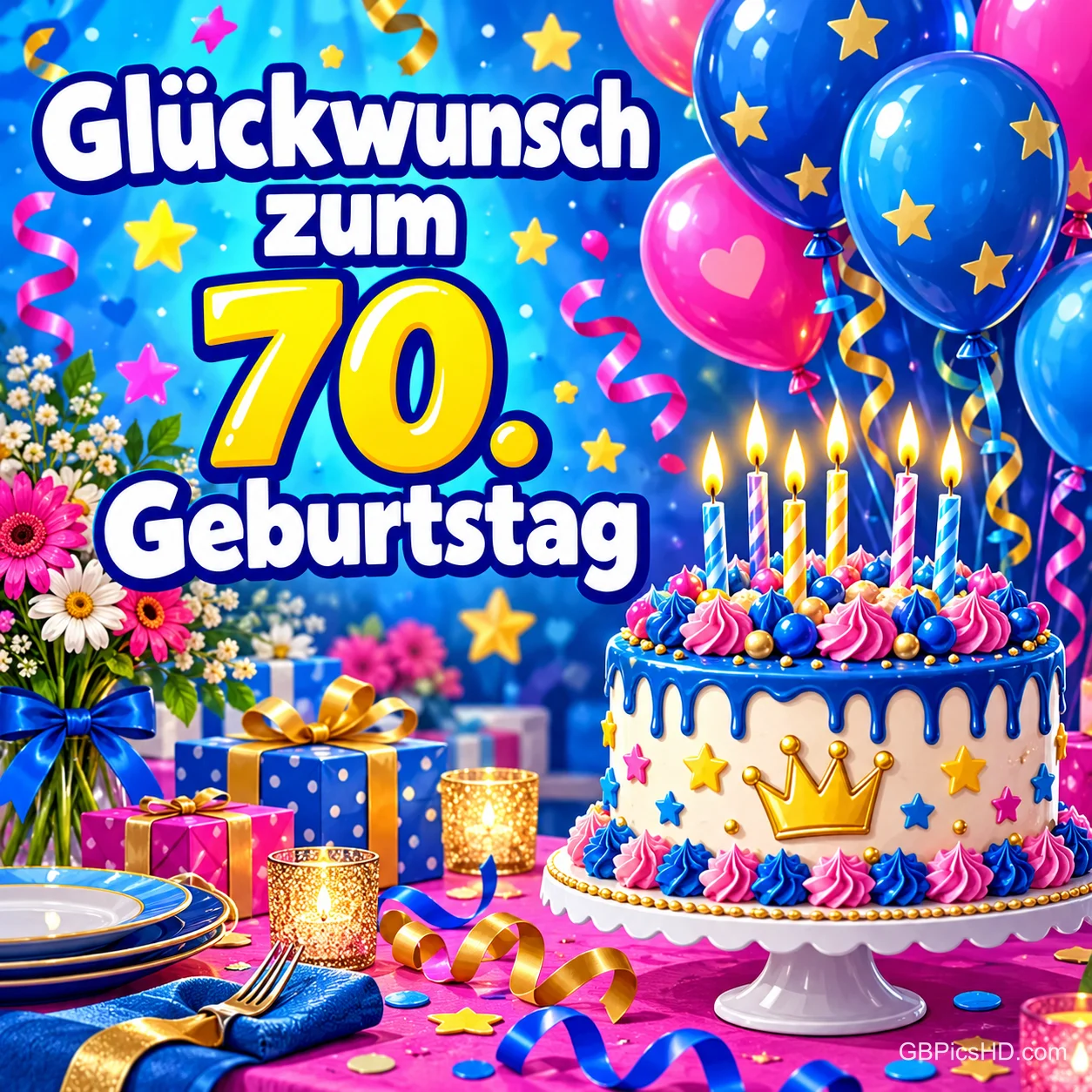 Bunte Geburtstagsgrafik mit dem Text "Glückwunsch zum 70. Geburtstag", blaue und pinke Luftballons, Torte mit Kerzen und goldener Krone sowie Geschenke auf festlich gedecktem Tisch Bunte Geburtstagsgrafik mit dem Text "Glückwunsch zum 70. Geburtstag", blaue und pinke Luftballons, Torte mit Kerzen und goldener Krone sowie Geschenke auf festlich gedecktem Tisch