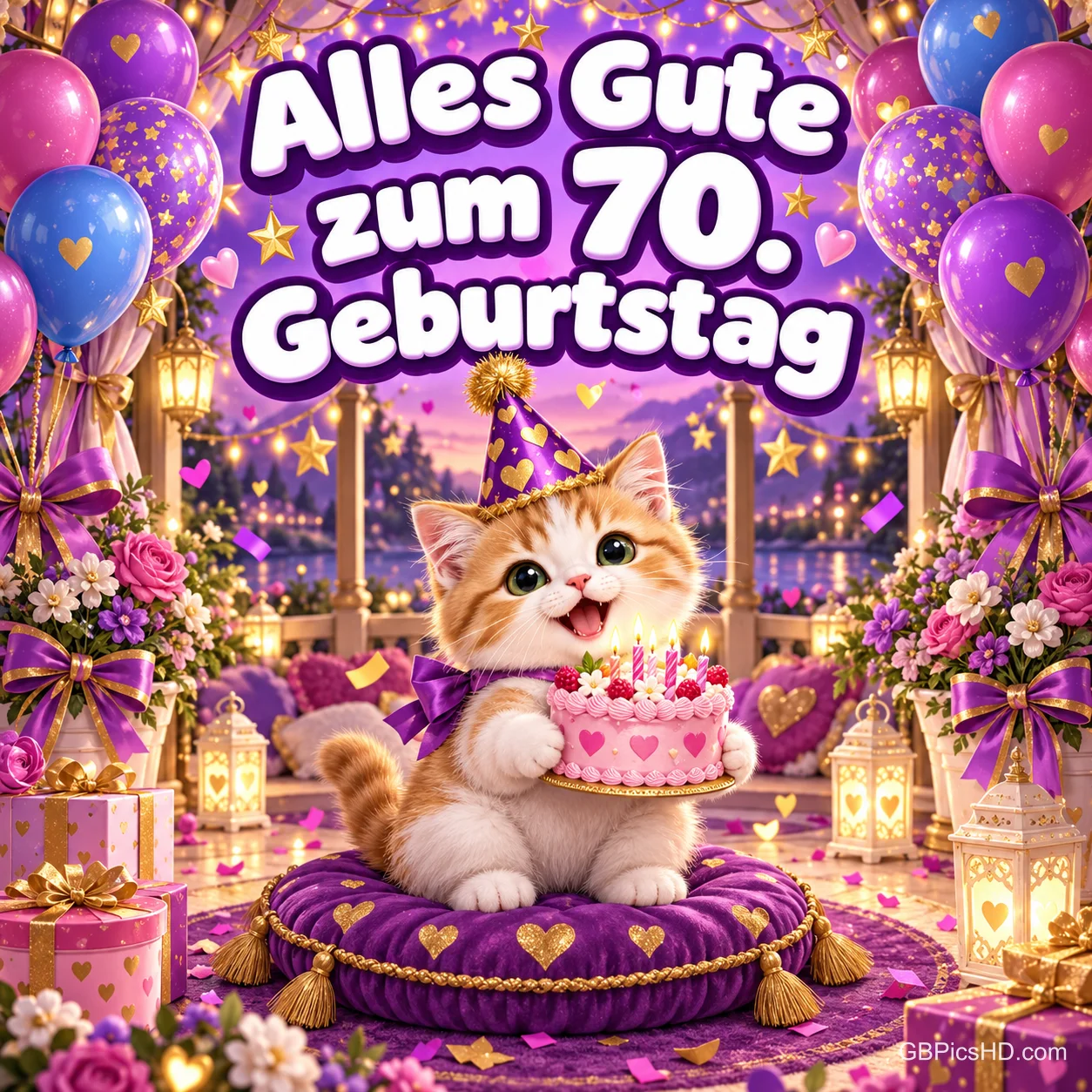 Niedliches Kätzchen mit lila Partyhut sitzt auf einem Samtkissen und hält eine rosa Torte, umgeben von Ballons, Laternen und dem Text "Alles Gute zum 70. Geburtstag" Niedliches Kätzchen mit lila Partyhut sitzt auf einem Samtkissen und hält eine rosa Torte, umgeben von Ballons, Laternen und dem Text "Alles Gute zum 70. Geburtstag"