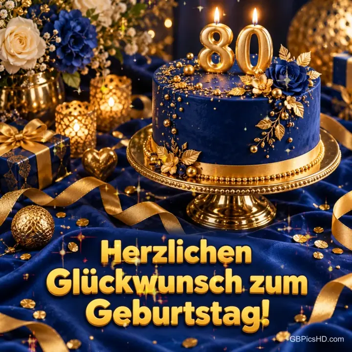 Eine dunkelblaue Torte mit goldenen Verzierungen und Kerzen in Form der Zahl 80 auf blauem Samt, umgeben von Kerzenlicht und Goldbändern. Eine dunkelblaue Torte mit goldenen Verzierungen und Kerzen in Form der Zahl 80 auf blauem Samt, umgeben von Kerzenlicht und Goldbändern.