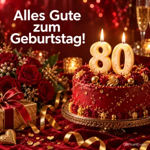 Eine rote Torte mit Kerzen in Form der Zahl 80 zwischen roten Rosen, Geschenken und Goldbändern, dazu der Gruß "Alles Gute zum Geburtstag!".