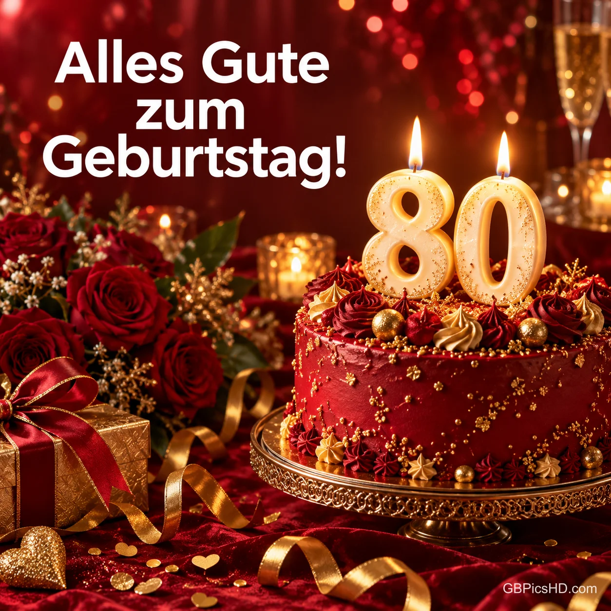 Eine rote Torte mit Kerzen in Form der Zahl 80 zwischen roten Rosen, Geschenken und Goldbändern, dazu der Gruß "Alles Gute zum Geburtstag!". Eine rote Torte mit Kerzen in Form der Zahl 80 zwischen roten Rosen, Geschenken und Goldbändern, dazu der Gruß "Alles Gute zum Geburtstag!".