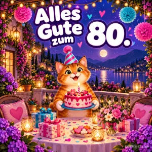 Ein fröhlicher Kater mit Partyhut hält eine Torte auf einer abendlichen Terrasse am See, umgeben von Blumen, Geschenken und Laternen, dazu "Alles Gute zum 80.".