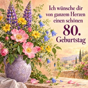 Ein üppiger Blumenstrauß mit Lupinen und Wildrosen in einem Krug auf einer sonnigen Terrasse, dazu "Ich wünsche dir von ganzem Herzen einen schönen 80. Geburtstag".