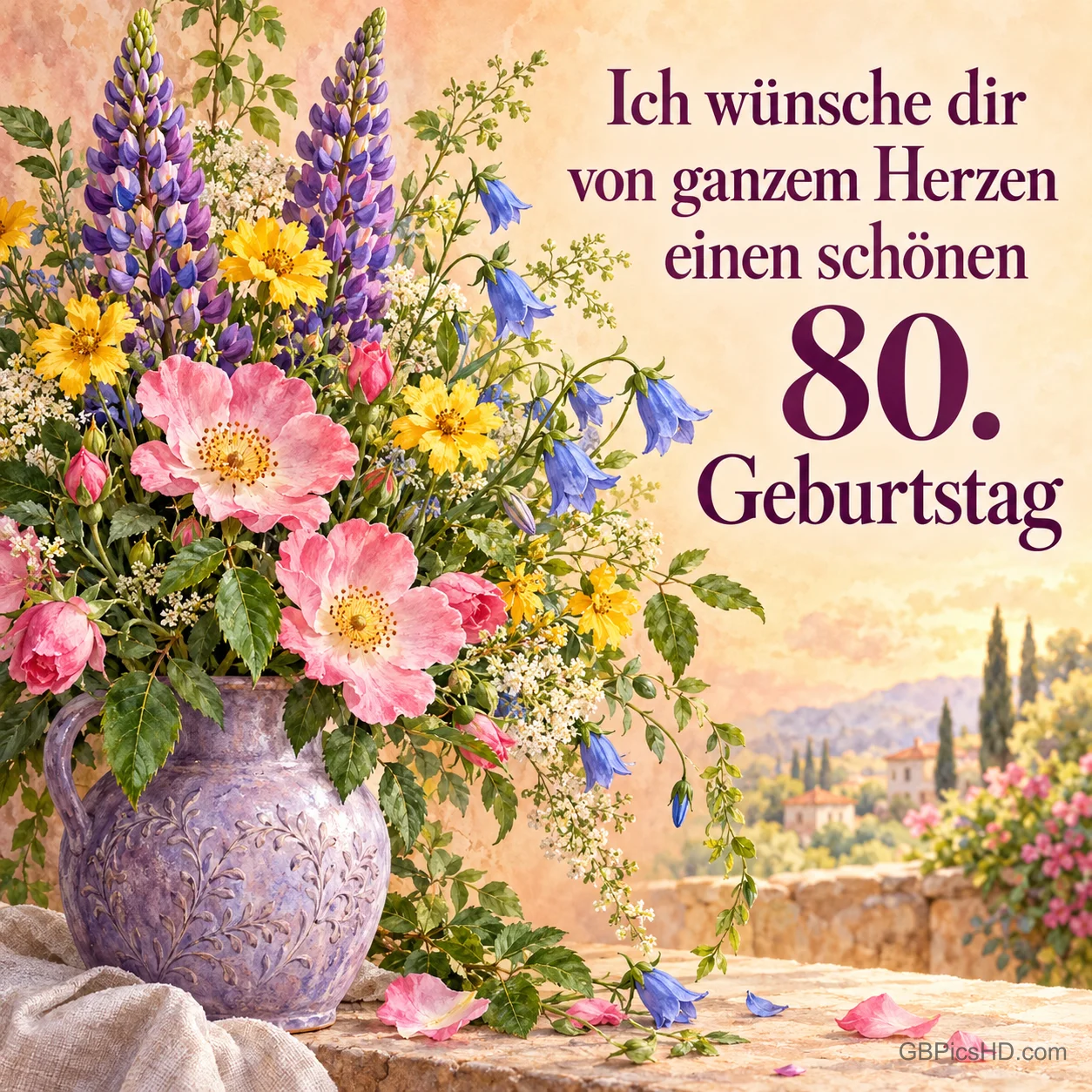 Ein üppiger Blumenstrauß mit Lupinen und Wildrosen in einem Krug auf einer sonnigen Terrasse, dazu "Ich wünsche dir von ganzem Herzen einen schönen 80. Geburtstag". Ein üppiger Blumenstrauß mit Lupinen und Wildrosen in einem Krug auf einer sonnigen Terrasse, dazu "Ich wünsche dir von ganzem Herzen einen schönen 80. Geburtstag".