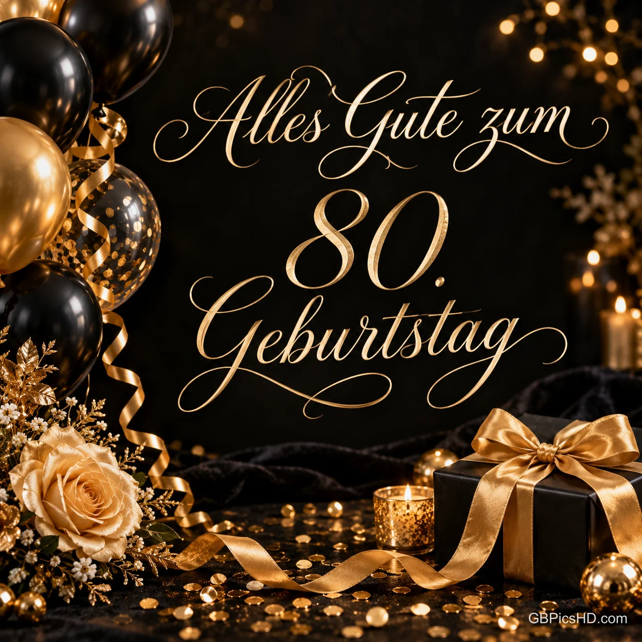 Schwarz-goldene Luftballons, eine goldene Rose und ein Geschenk mit Schleife zu dem Gruß "Alles Gute zum 80. Geburtstag". Schwarz-goldene Luftballons, eine goldene Rose und ein Geschenk mit Schleife zu dem Gruß "Alles Gute zum 80. Geburtstag".