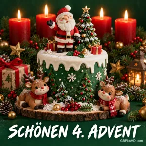 Eine grüne Weihnachtstorte mit Weihnachtsmann, Tannenbaum und zwei Rentieren steht vor vier roten Kerzen; dazu "Schönen 4. Advent".