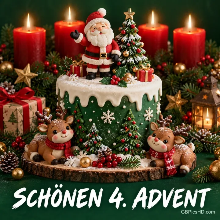 Eine grüne Weihnachtstorte mit Weihnachtsmann, Tannenbaum und zwei Rentieren steht vor vier roten Kerzen; dazu "Schönen 4. Advent". Eine grüne Weihnachtstorte mit Weihnachtsmann, Tannenbaum und zwei Rentieren steht vor vier roten Kerzen; dazu "Schönen 4. Advent".