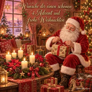 Der Weihnachtsmann bindet ein Geschenk neben Kerzen und einem Christbaum; darüber "… Wünsche dir einen schönen 4. Advent und frohe Weihnachten".