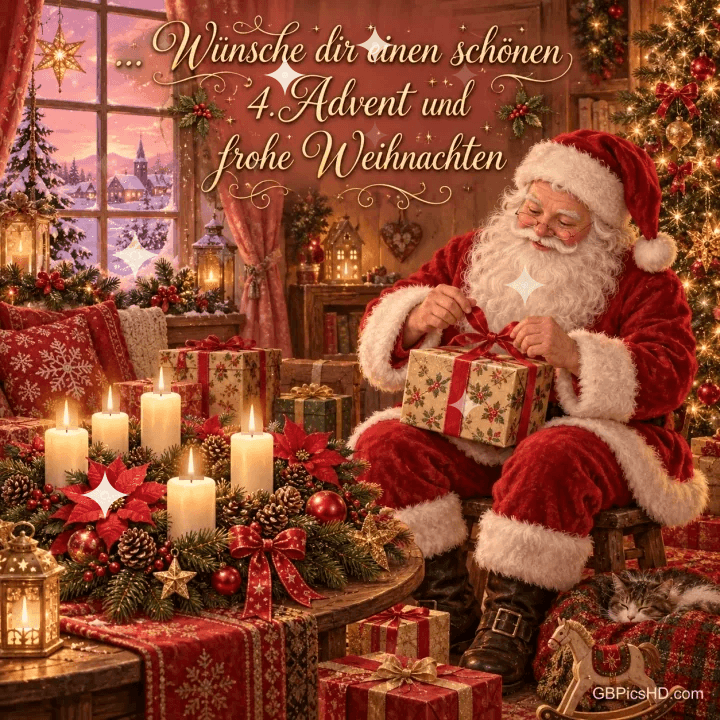 Der Weihnachtsmann bindet ein Geschenk neben Kerzen und einem Christbaum; darüber "… Wünsche dir einen schönen 4. Advent und frohe Weihnachten". Der Weihnachtsmann bindet ein Geschenk neben Kerzen und einem Christbaum; darüber "… Wünsche dir einen schönen 4. Advent und frohe Weihnachten".
