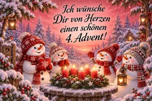 Vier Schneemänner stehen im Schnee um vier brennende Adventskerzen: "Ich wünsche Dir von Herzen einen schönen 4. Advent!".