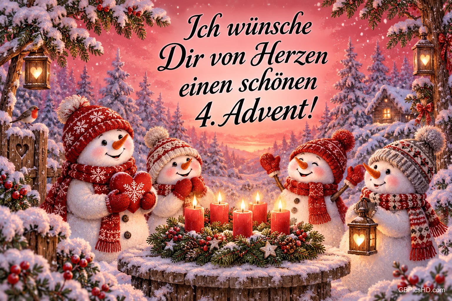 Vier Schneemänner stehen im Schnee um vier brennende Adventskerzen: "Ich wünsche Dir von Herzen einen schönen 4. Advent!". Vier Schneemänner stehen im Schnee um vier brennende Adventskerzen: "Ich wünsche Dir von Herzen einen schönen 4. Advent!".