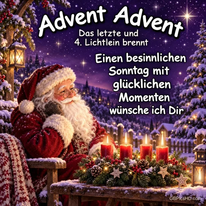 Ein Weihnachtsmann sitzt im Schnee vor einem Kranz mit vier brennenden roten Kerzen und dem Gruß "Advent Advent". Ein Weihnachtsmann sitzt im Schnee vor einem Kranz mit vier brennenden roten Kerzen und dem Gruß "Advent Advent".