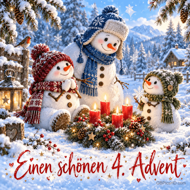 Drei Schneemänner mit bunten Mützen stehen im Schnee um vier brennende rote Kerzen mit "Einen schönen 4. Advent". Drei Schneemänner mit bunten Mützen stehen im Schnee um vier brennende rote Kerzen mit "Einen schönen 4. Advent".