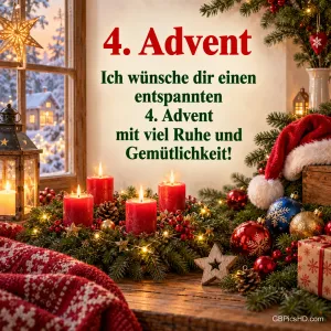 Vier rote Kerzen am Fenster mit "4. Advent Ich wünsche dir einen entspannten 4. Advent mit viel Ruhe und Gemütlichkeit!".