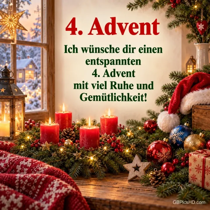 Vier rote Kerzen am Fenster mit "4. Advent Ich wünsche dir einen entspannten 4. Advent mit viel Ruhe und Gemütlichkeit!". Vier rote Kerzen am Fenster mit "4. Advent Ich wünsche dir einen entspannten 4. Advent mit viel Ruhe und Gemütlichkeit!".