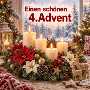 Vier helle Adventskerzen zwischen Weihnachtssternen und Rentierfiguren am Fenster mit "Einen schönen 4. Advent".