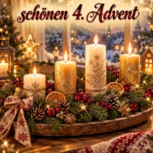 Vier brennende cremefarbene und goldene Kerzen mit Orangenscheiben und Tannenzapfen in einer Holzschale mit "Schönen 4. Advent".