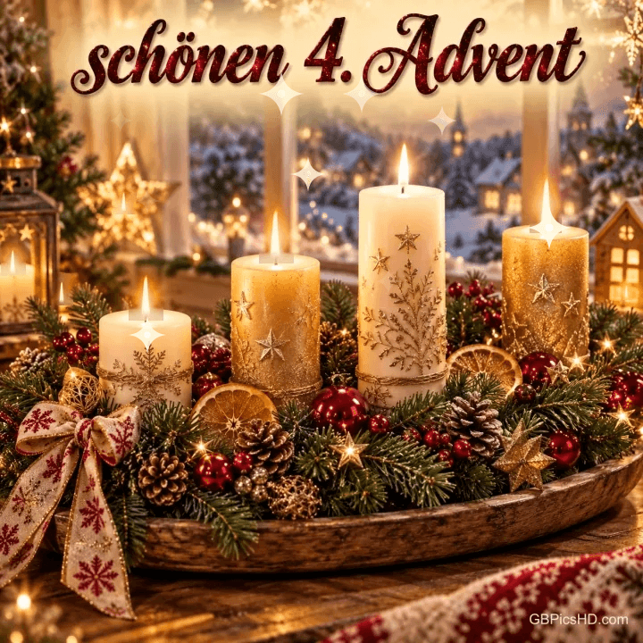 Vier brennende cremefarbene und goldene Kerzen mit Orangenscheiben und Tannenzapfen in einer Holzschale mit "Schönen 4. Advent". Vier brennende cremefarbene und goldene Kerzen mit Orangenscheiben und Tannenzapfen in einer Holzschale mit "Schönen 4. Advent".