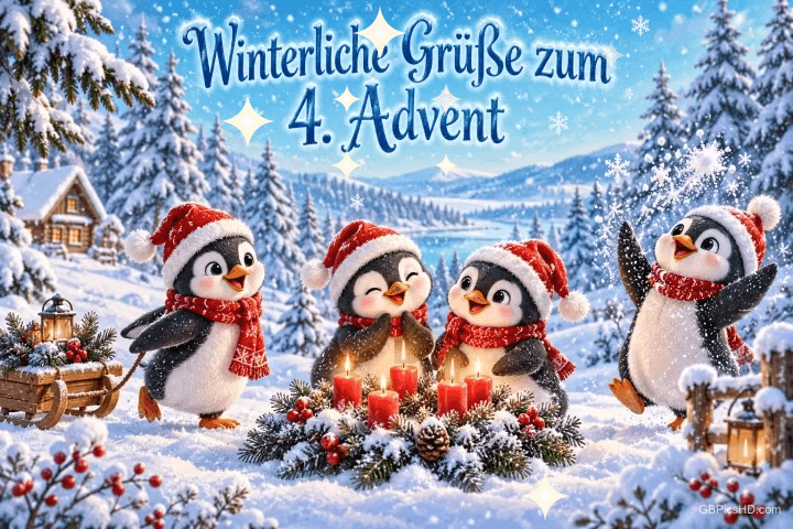 Vier Pinguine mit roten Mützen stehen im Schnee um einen Adventskranz mit brennenden Kerzen und "Winterliche Grüße zum 4. Advent". Vier Pinguine mit roten Mützen stehen im Schnee um einen Adventskranz mit brennenden Kerzen und "Winterliche Grüße zum 4. Advent".