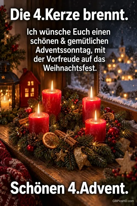 Vier rote Adventskerzen brennen neben Orangenscheiben und Zimt am verschneiten Fenster mit dem Gruß "Die 4. Kerze brennt.". Vier rote Adventskerzen brennen neben Orangenscheiben und Zimt am verschneiten Fenster mit dem Gruß "Die 4. Kerze brennt.".