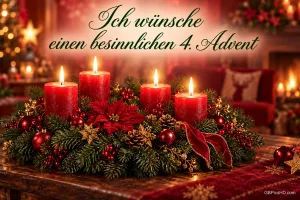 Ein Adventskranz mit vier brennenden roten Kerzen steht vor einem Kamin: "Ich wünsche einen besinnlichen 4. Advent".