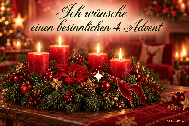 Ein Adventskranz mit vier brennenden roten Kerzen steht vor einem Kamin: "Ich wünsche einen besinnlichen 4. Advent". Ein Adventskranz mit vier brennenden roten Kerzen steht vor einem Kamin: "Ich wünsche einen besinnlichen 4. Advent".