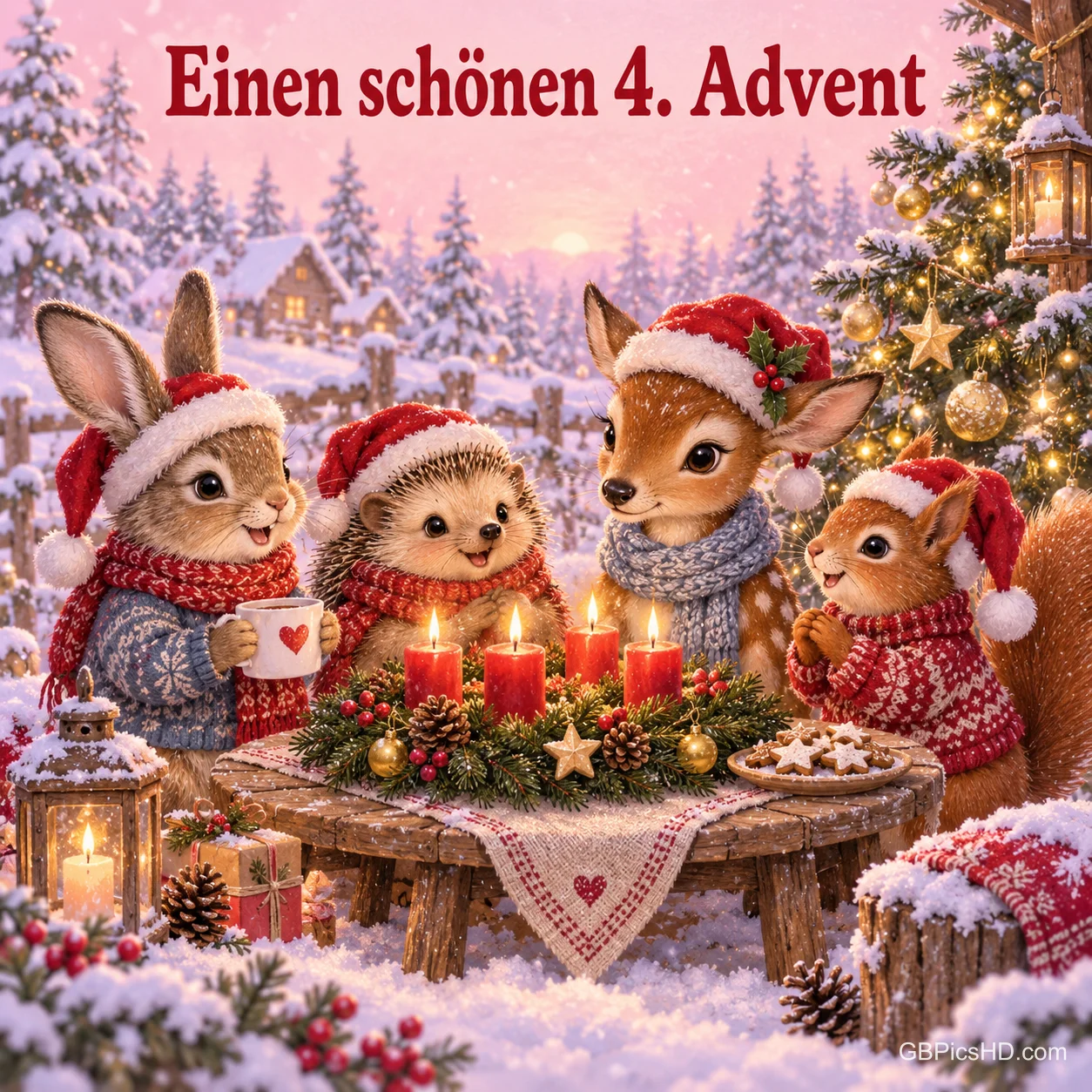 Hase, Igel, Rehkitz und Eichhörnchen sitzen im Schnee an einem Tisch mit vier Kerzen: "Einen schönen 4. Advent". Hase, Igel, Rehkitz und Eichhörnchen sitzen im Schnee an einem Tisch mit vier Kerzen: "Einen schönen 4. Advent".