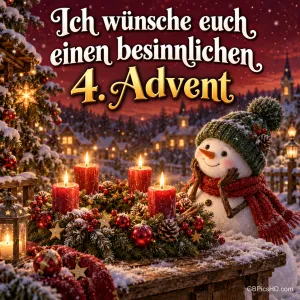 Ein Schneemann mit grüner Mütze und rotem Schal neben vier brennenden Kerzen vor einem Dorf mit "Ich wünsche euch einen besinnlichen 4. Advent".