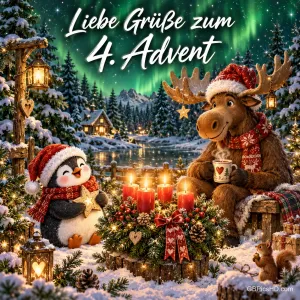 Pinguin und Elch sitzen im Schnee vor vier brennenden Kerzen unter "Liebe Grüße zum 4. Advent".
