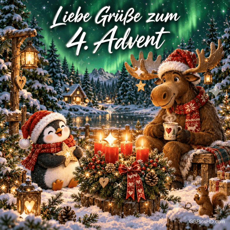 Pinguin und Elch sitzen im Schnee vor vier brennenden Kerzen unter "Liebe Grüße zum 4. Advent". Pinguin und Elch sitzen im Schnee vor vier brennenden Kerzen unter "Liebe Grüße zum 4. Advent".
