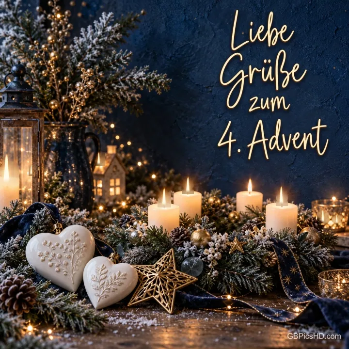 Vier helle Kerzen brennen zwischen Tannenzweigen, weißen Herzen und goldenen Sternen neben "Liebe Grüße zum 4. Advent". Vier helle Kerzen brennen zwischen Tannenzweigen, weißen Herzen und goldenen Sternen neben "Liebe Grüße zum 4. Advent".