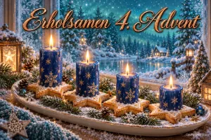 Vier blaue Kerzen auf goldenen Sternen stehen vor einem verschneiten Fenster unter "Erholsamen 4. Advent".