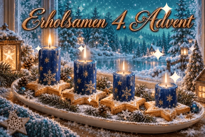 Vier blaue Kerzen auf goldenen Sternen stehen vor einem verschneiten Fenster unter "Erholsamen 4. Advent". Vier blaue Kerzen auf goldenen Sternen stehen vor einem verschneiten Fenster unter "Erholsamen 4. Advent".